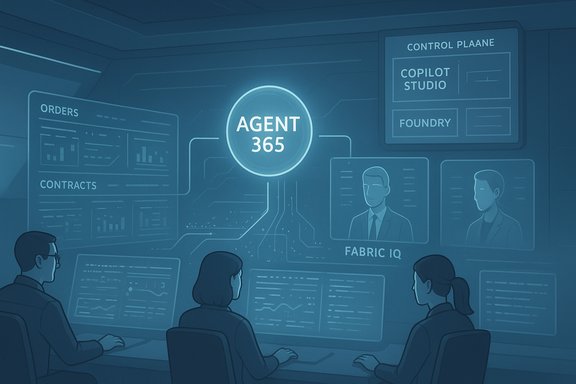 Futuristic command center with Agent 365 at the core of interconnected data panels.