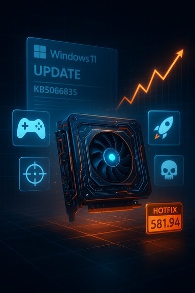 A futuristic GPU framed by glowing HUD panels showing Windows 11 update and a rising performance chart. A futuristic GPU framed by glowing HUD panels showing Windows 11 update and a rising performance chart.