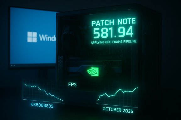 A gaming PC with neon-green patch note 581.94, FPS graphs, and a Windows screen. A gaming PC with neon-green patch note 581.94, FPS graphs, and a Windows screen.