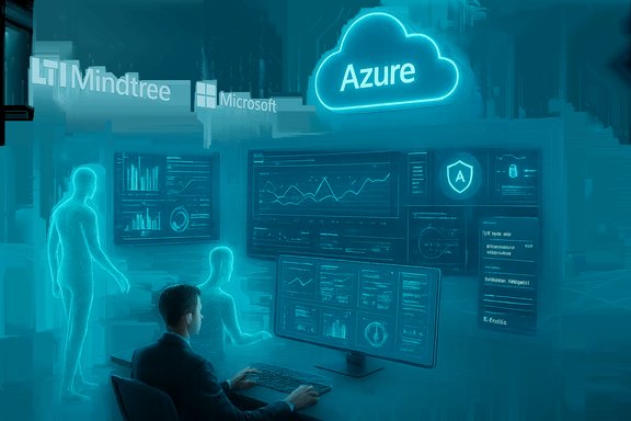 Futuristic Azure cloud analytics hub with a person at a multi-screen dashboard.
