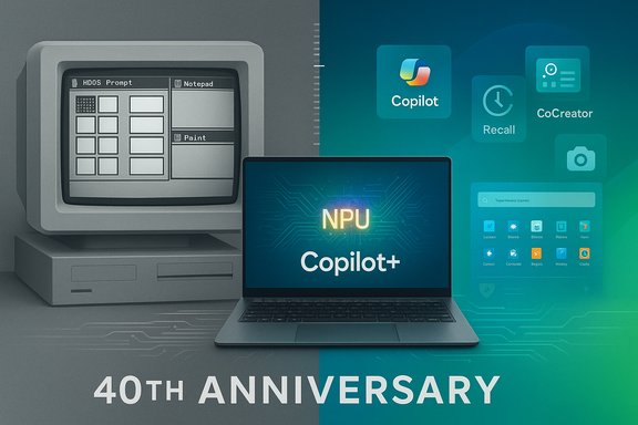 A retro computer beside a modern laptop showing NPU Copilot+ for the 40th anniversary. A retro computer beside a modern laptop showing NPU Copilot+ for the 40th anniversary.
