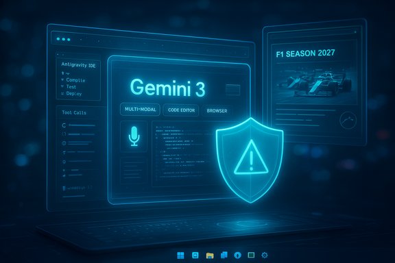 A futuristic holographic UI featuring Gemini 3, a shield warning, and multiple panels. A futuristic holographic UI featuring Gemini 3, a shield warning, and multiple panels.