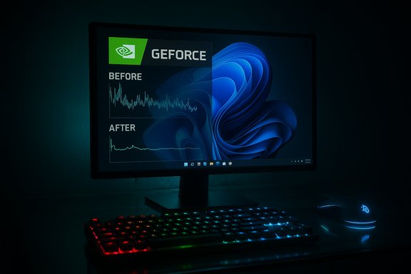 Dark gaming setup with an RGB keyboard and glowing mouse, monitor displaying GeForce with Before/After graphs. Dark gaming setup with an RGB keyboard and glowing mouse, monitor displaying GeForce with Before/After graphs.