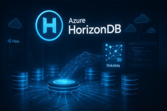 Futuristic Azure HorizonDB visualization with glowing disks and blue data streams.