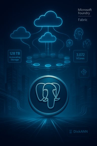 Blue neon infographic of Microsoft Foundry Fabric cloud with autoscaling storage and compute cores.