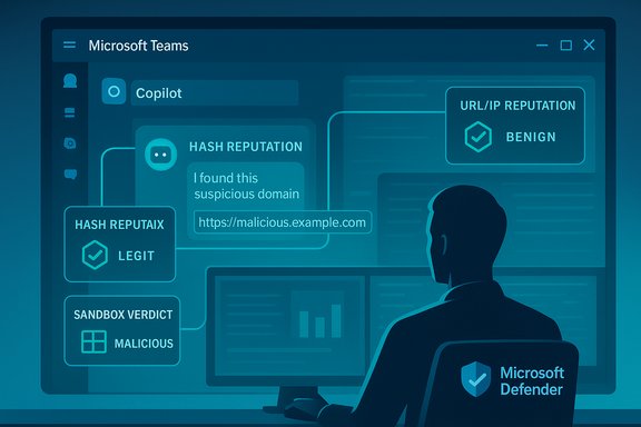Stylized Microsoft Teams screen with security dashboards hash/URL reputation and Defender.