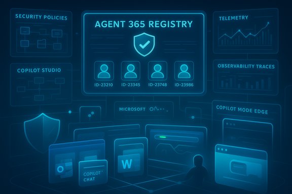 Neon blue dashboard: Agent 365 Registry with user icons and security metrics.