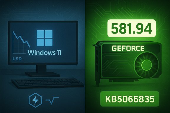 Split-panel illustration: Windows 11 on the left, GeForce GPU with numbers on the right. Split-panel illustration: Windows 11 on the left, GeForce GPU with numbers on the right.