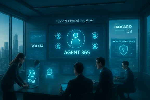 A futuristic AI command room with holographic displays showing Agent 365.