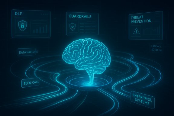 Glowing neon brain centered among flowing data lines and security dashboards.