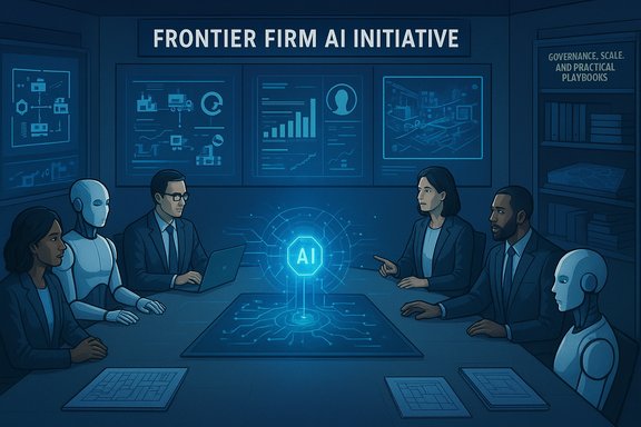 Diverse humans and robots discuss the Frontier Firm AI Initiative around a glowing AI hub in a high-tech boardroom.