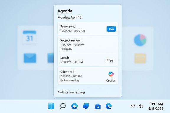 An agenda panel for Monday, April 15, listing events with times and action buttons.