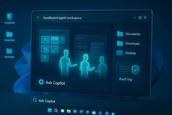 Blue holographic UI shows a sandboxed agent workspace with folders and an Ask Copilot prompt.
