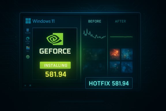 Windows 11 interface showing GeForce installer installing 581.94, with a HotFix badge. Windows 11 interface showing GeForce installer installing 581.94, with a HotFix badge.