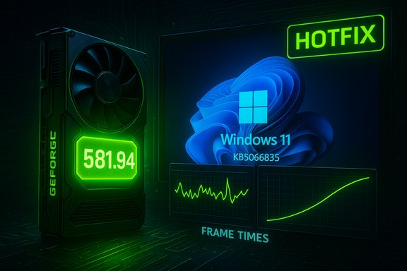 Neon-green tech dashboard with a GeForce GPU, Windows 11 build (KB5066835), hotfix badge, and frame-time graphs. Neon-green tech dashboard with a GeForce GPU, Windows 11 build (KB5066835), hotfix badge, and frame-time graphs.