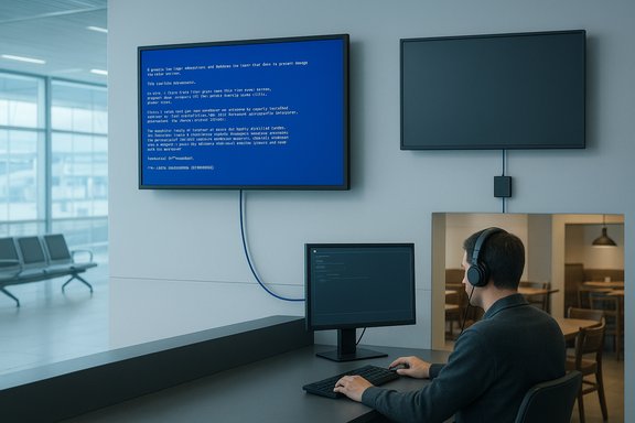 A man with headphones sits at a desk as a blue Windows error screen appears on a wall monitor.