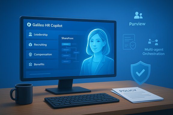 Desk setup with monitor showing Galileo HR Copilot UI and a blue holographic avatar.