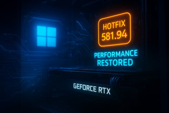 GeForce RTX GPU inside a dark PC, illuminated by neon orange HOTFIX 581.94 and blue “PERFORMANCE RESTORED.” GeForce RTX GPU inside a dark PC, illuminated by neon orange HOTFIX 581.94 and blue “PERFORMANCE RESTORED.”