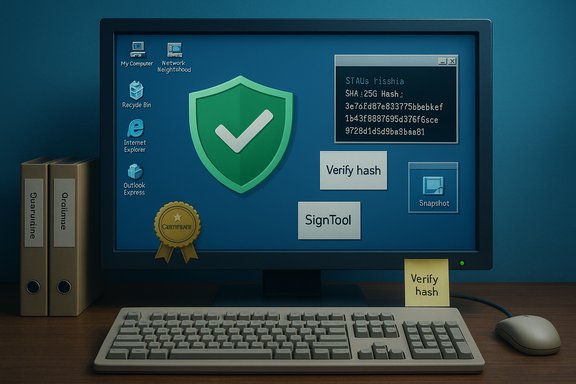 Retro computer desktop showing a large green shield and hash verification UI.