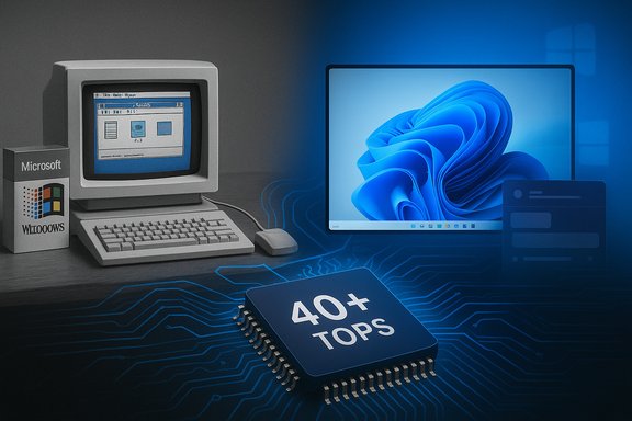 Vintage computer setup beside a modern AI accelerator labeled 40+ TOPS. Vintage computer setup beside a modern AI accelerator labeled 40+ TOPS.