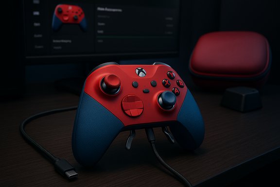Red and blue Xbox controller sits on a desk with a matching case in the background.
