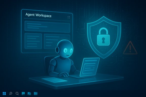 Blue-toned robot at a desk typing on a laptop, with an agent workspace UI and shield icon in the background. Blue-toned robot at a desk typing on a laptop, with an agent workspace UI and shield icon in the background.