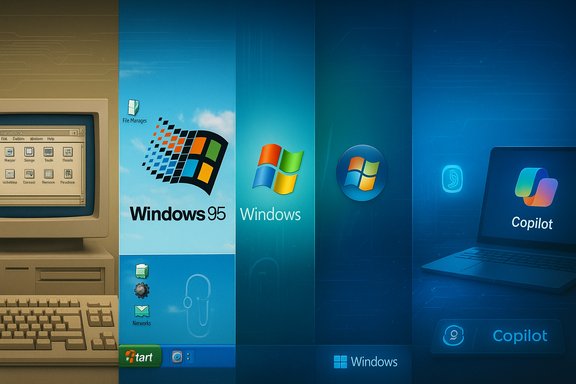 A montage of Windows logos through the ages, from Windows 95 to Copilot.