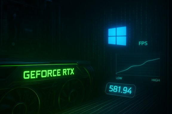 A GeForce RTX graphics card glows green inside a PC, with a Windows logo and FPS graph. A GeForce RTX graphics card glows green inside a PC, with a Windows logo and FPS graph.