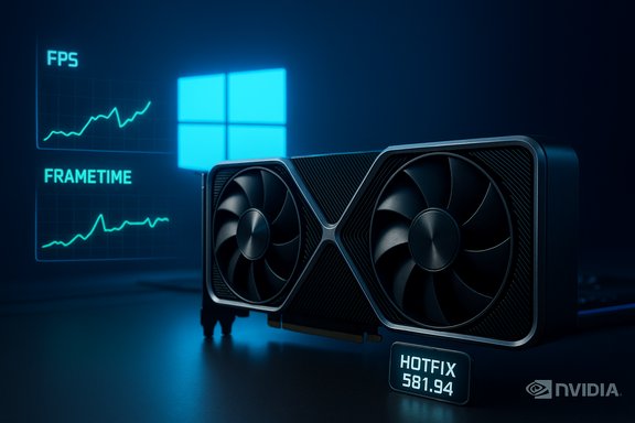 NVIDIA graphics card with dual fans, glowing FPS and frametime charts, against a Windows backdrop. NVIDIA graphics card with dual fans, glowing FPS and frametime charts, against a Windows backdrop.
