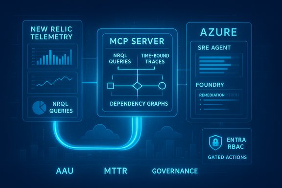 Neon blue blueprint of a cloud telemetry stack with New Relic, MCP Server, Azure, and governance modules. Neon blue blueprint of a cloud telemetry stack with New Relic, MCP Server, Azure, and governance modules.