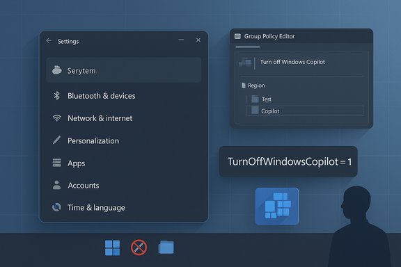Windows Settings and Group Policy Editor panels on a blue desktop with a user silhouette.