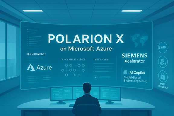 A person monitors a curved holographic dashboard titled 'POLARION X on Microsoft Azure' in a high-tech control room.
