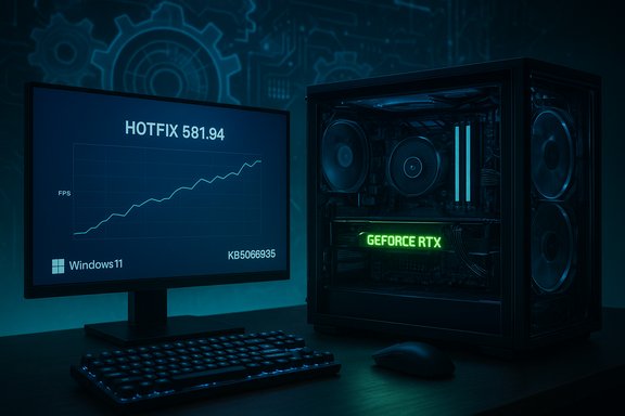 Gaming PC with a glowing RTX GPU; monitor shows HOTFIX 581.94 and Windows 11 FPS chart. Gaming PC with a glowing RTX GPU; monitor shows HOTFIX 581.94 and Windows 11 FPS chart.