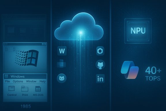 Blue tech collage blending cloud computing, Windows 1985 UI, and AI hardware icons.