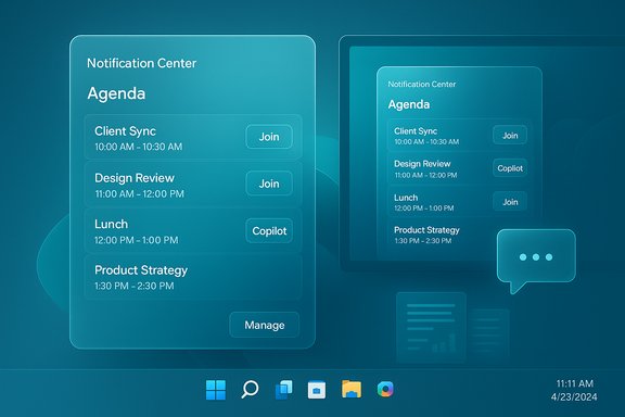 Blue notification center UI displaying an agenda with events and action buttons.