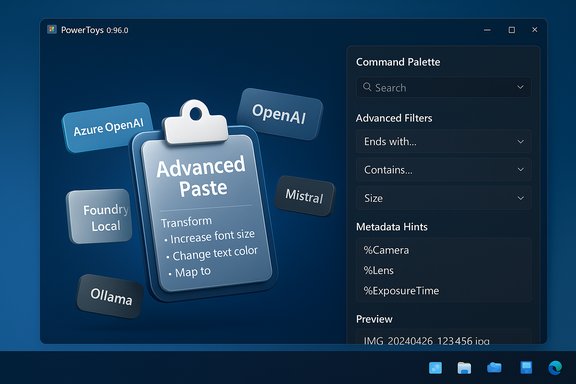 PowerToys UI featuring Advanced Paste with a 3D tile collage and a right-side Command Palette.