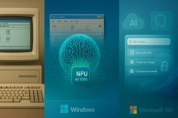 Retro computer beside a glowing AI processor, set against Windows and Microsoft 365 visuals.