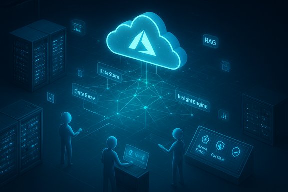 Azure cloud connects data stores, databases, and an insight engine in a data center. Azure cloud connects data stores, databases, and an insight engine in a data center.