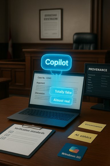 Courtroom desk with a laptop under a neon Copilot sign, showing “Totally fake” and “Almost real.”