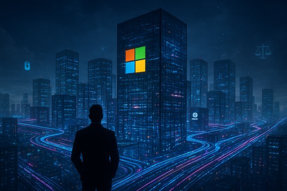 A silhouette overlooks a neon-blue futuristic city with a Windows logo on a glass skyscraper. A silhouette overlooks a neon-blue futuristic city with a Windows logo on a glass skyscraper.