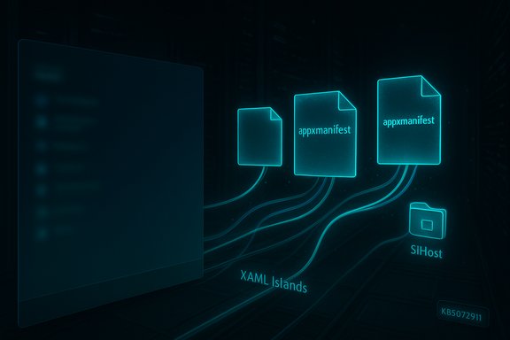 Neon holographic icons show appxmanifest files and XAML Islands in a data-center server rack.