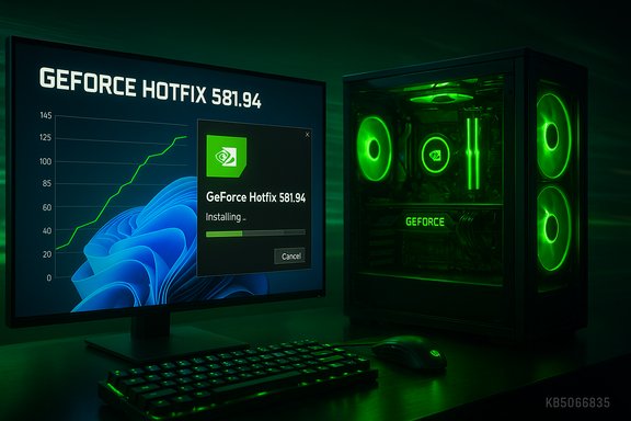 Green-lit gaming rig installing GeForce Hotfix 581.94 on the monitor. Green-lit gaming rig installing GeForce Hotfix 581.94 on the monitor.