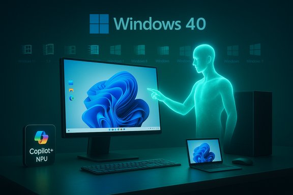 A futuristic Windows 40 workspace featuring a holographic figure pointing at a large monitor.