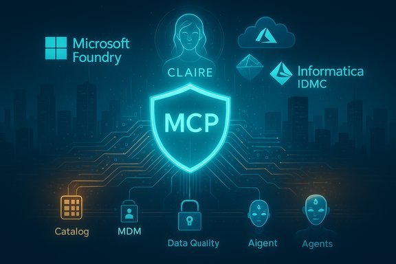 Glowing MCP shield at center with data icons like Catalog, MDM, Data Quality, and Agents.