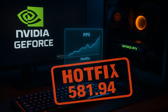 NVIDIA GeForce branding on a PC with a blue FPS chart labeled Hotfix and a large orange HOTFIX stamp.