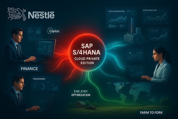 Nestlé highlights SAP S/4HANA Cloud Private Edition for finance and farm-to-fork analytics.