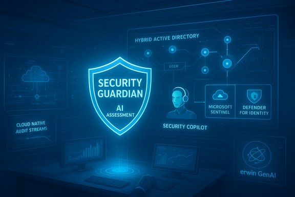 A blue holographic security dashboard featuring a glowing shield labeled 'Security Guardian' with AI assessment.