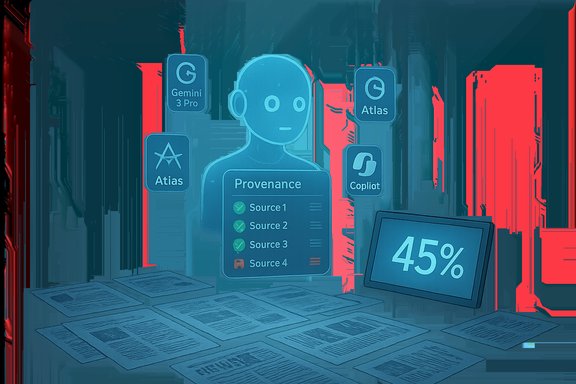 Futuristic holographic interface showing provenance sources with a 45% metric.