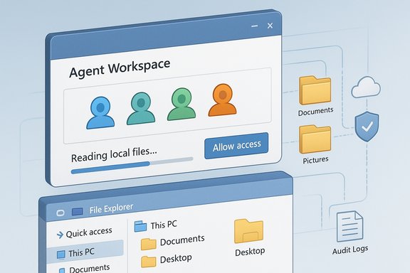 Agent Workspace UI requesting permission to read local files, with folder icons and a file explorer.