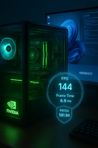 Neon-lit glass-front PC (NVIDIA) shows FPS 144 and 6.9 ms frame time. Neon-lit glass-front PC (NVIDIA) shows FPS 144 and 6.9 ms frame time.